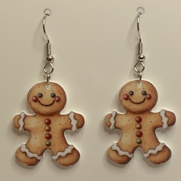 Gingerbread Man Earrings, Christmas Earrings, Funny Food Earrings, Holiday - Picture 2 of 4